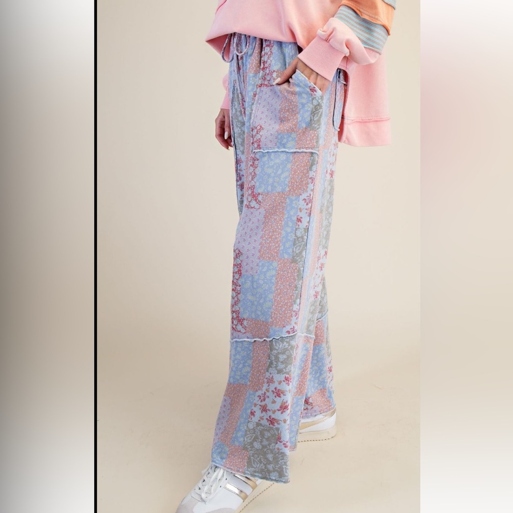 Easel Patchwork Print Wide-Leg Pants - Blue Multi - Picture 4 of 5